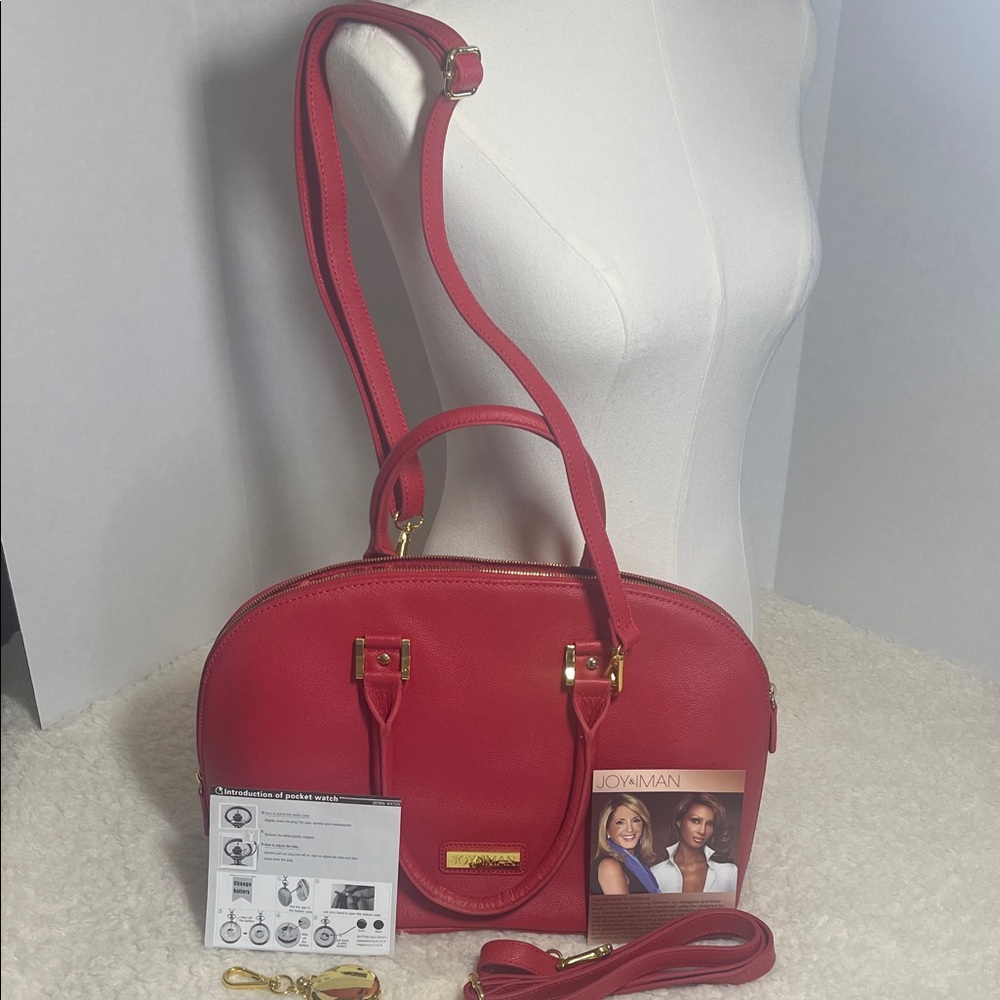 JOY & IMAN Red Leather Dome Satchel Crossbody Gold Hardware Complete Set NWOT